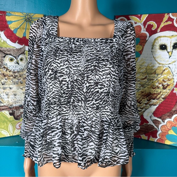 Nine West Tops - Nine West Peplum Blouse Square Smocked Neck Lined White Black Women Size M